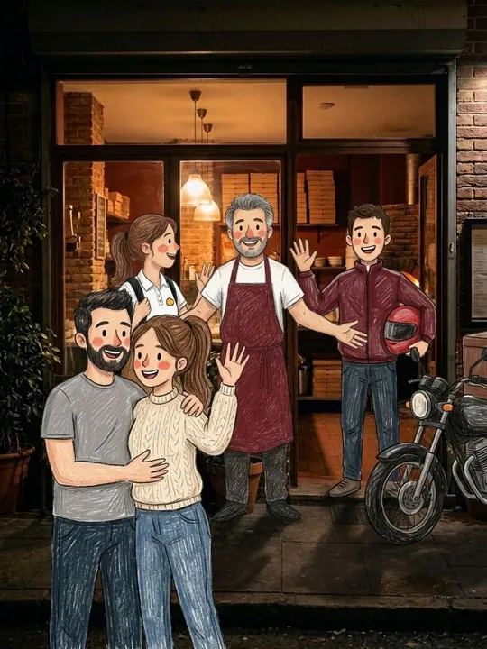 Toni, Lucía, Iván, Dani y Laura saludan juntos delante de la pizzería de ladrillo, de noche