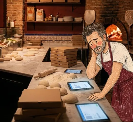 Toni, pensativo, apoya la cabeza en la mano mirando sus tablets de pedidos