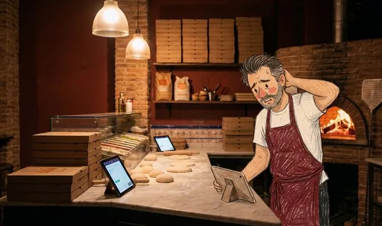 Toni, agobiado, se lleva la mano a la cabeza ante varias tablets de pedidos sobre la encimera de su cocina