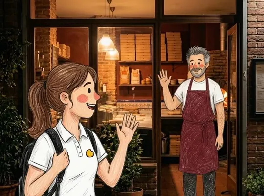 Lucía, de Tocopido, saluda sonriente a Toni, que le devuelve el saludo desde la puerta de su pizzería de noche