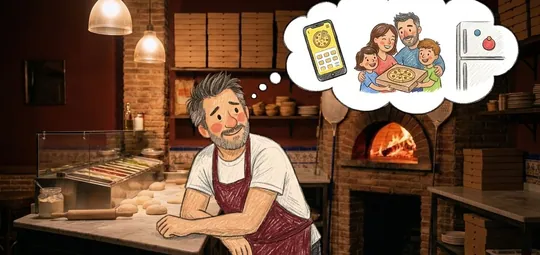 Toni sueña despierto con su propia plataforma: en una nube se ve su app en un móvil, una familia abrazando una caja de pizza y un imán en la nevera