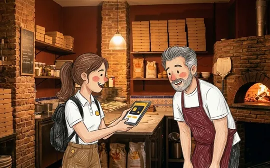 Lucía le enseña sonriente a Toni, en una tablet, la app de su pizzería