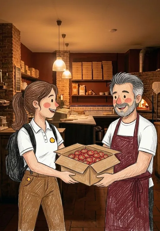 Lucía le entrega a Toni una caja abierta llena de imanes de nevera rojos
