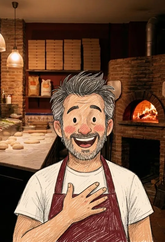 Primer plano de Toni con una sonrisa enorme de incredulidad y alegría, con la mano en el pecho
