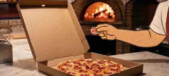 La mano de Toni deja un imán redondo sobre una pizza recién hecha en su caja