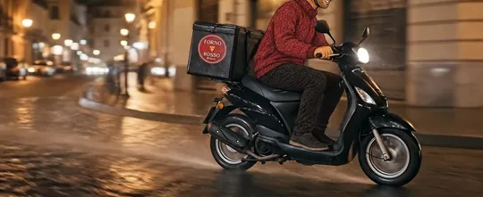 Iván, el repartidor, cruza la ciudad de noche en su moto con la caja de reparto