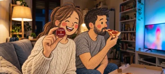 Laura sostiene riendo el imán de la pizzería mientras Dani muerde una porción en el sofá