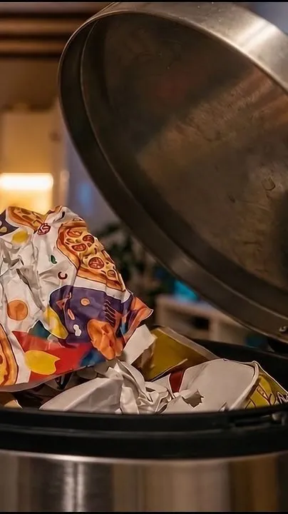 Un folleto de pizzería arrugado dentro del cubo de la basura