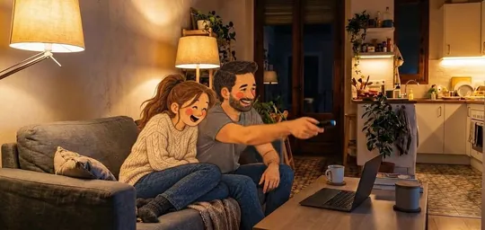 Dani y Laura, en el sofá con la tele encendida, se disponen a ver una peli