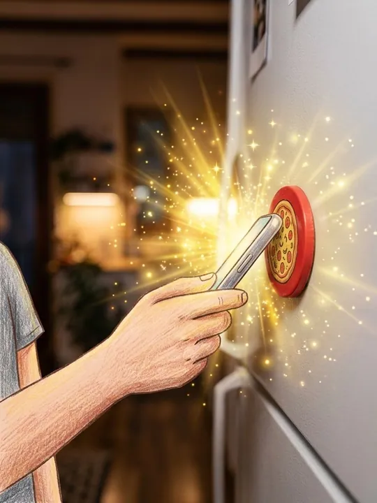El móvil de Dani toca el imán de la nevera y estalla una luz mágica