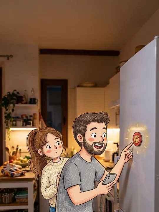 Dani, con el móvil en la mano, señala sonriente el imán de la pizzería que brilla en la puerta de la nevera; Laura se asoma detrás