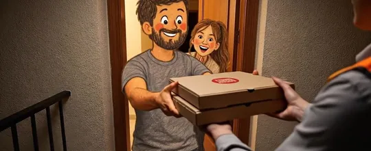 Iván entrega la caja de pizza a Dani en la puerta de casa, con Laura asomada detrás