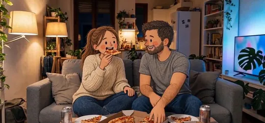 Dani y Laura cenan pizza en el sofá, felices