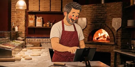 Toni mira en la tablet de su cocina el pedido nuevo que acaba de entrar