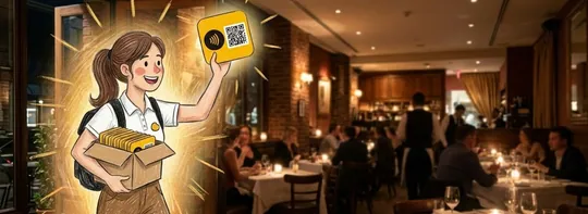 Lucía irrumpe en el restaurante con una caja de placas de mesa amarillas con imán y código QR, rodeada de luz dorada