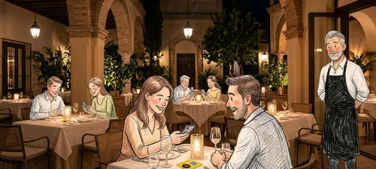 La sala del restaurante, con una placa de imán y QR en cada mesa: una clienta pide con el móvil y su pareja lo mira con asombro