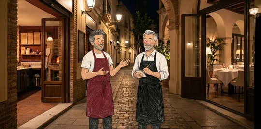 Toni y Ernesto, el dueño del restaurante elegante de al lado, conversan en la calle entre sus dos locales