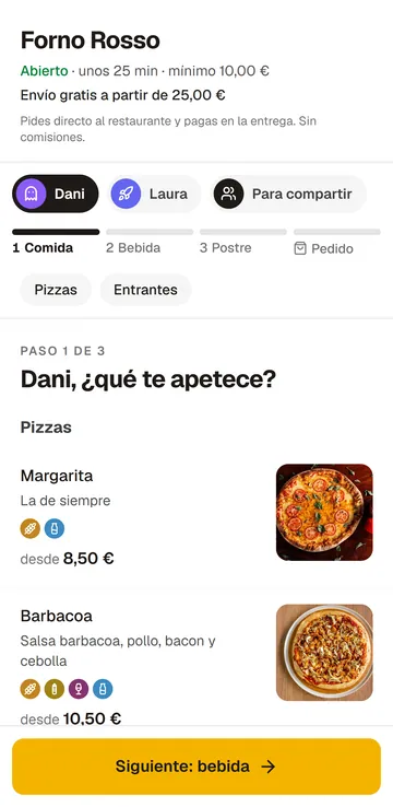 La carta de la pizzería de Toni en la app, con sus pizzas y sus fotos
