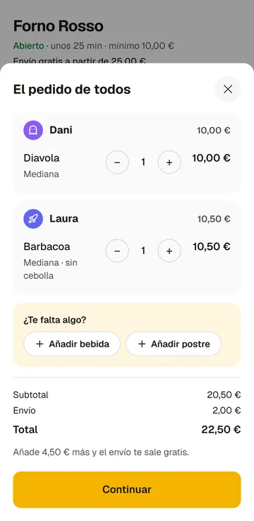 El resumen del pedido en la app, listo para enviar