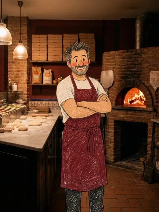 Toni, el pizzero, sonríe de brazos cruzados con su delantal granate ante el horno de leña de su pizzería